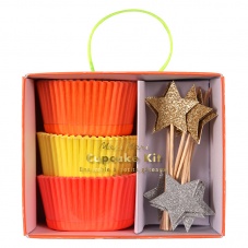 Neon Coloured Cupcake Kit Gold & Silver  Star Toppers By Meri Meri